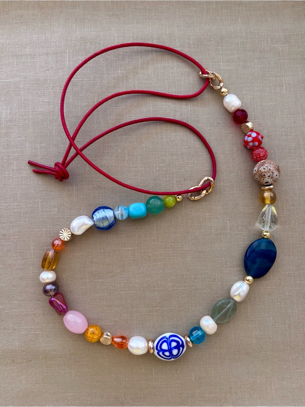 Large Bold Stone Glass Crystal Candy Necklace with Leather tie